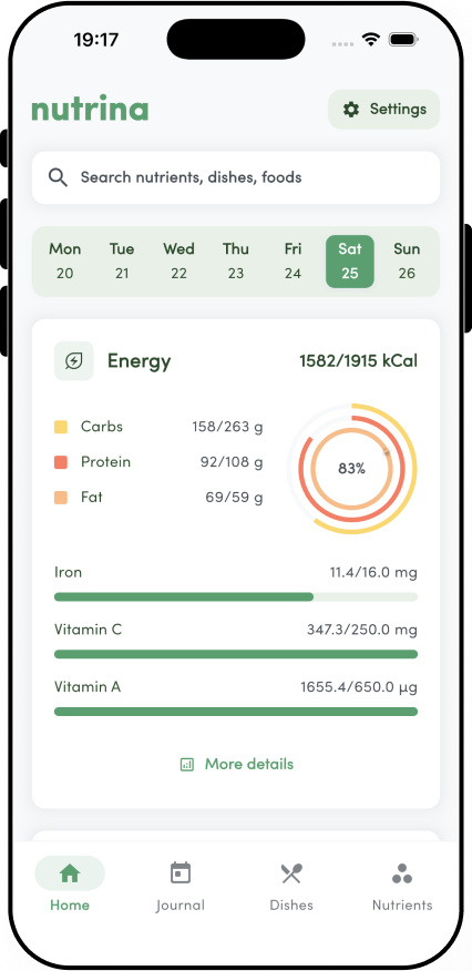 Nutrina app interface showing nutrient tracking